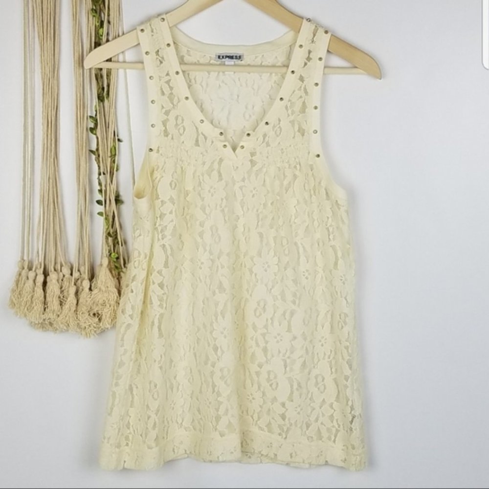 Express Tan Cream Lace Studded V Neck Tank Top